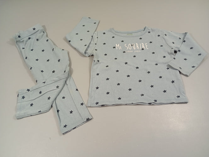 Pyjama 2pcs jersey bleu clair, étoiles bleu marine "Mr sourire comme papa", petite tache à la jambe, moins cher chez Petit Kiwi
