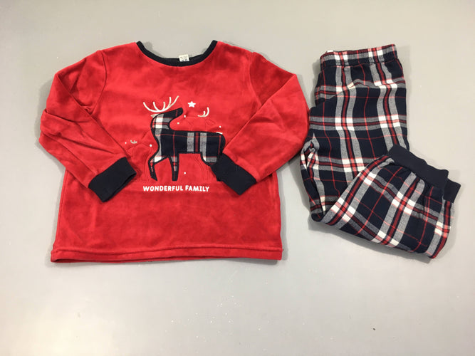 Pyjama 2pcs velours rouge rennes, bas carreaux, moins cher chez Petit Kiwi
