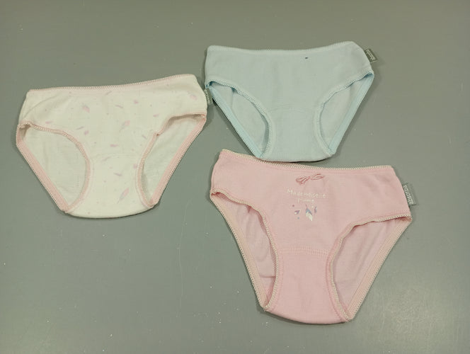 Lot de 3 culottes 1 blanche plumes rose/ 1 rose "Mademoiselle plume/ 1 bleu clair, moins cher chez Petit Kiwi