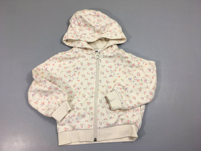 Sweat à capuche zippé ecru petites fleurs rose/mauve, moins cher chez Petit Kiwi