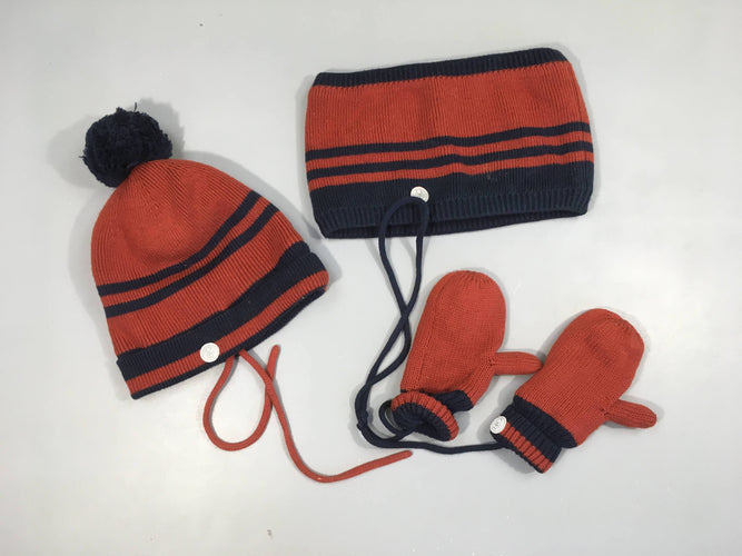 Bonnet mailles rayé brun rayé bleu 51cm  doublé polar Pompon + Tour de cou + Moufles, moins cher chez Petit Kiwi