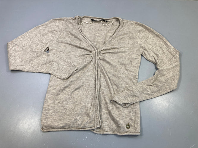 Gilet fin greige chiné , fermeture par 2 boutons, légèrement bouloché, moins cher chez Petit Kiwi