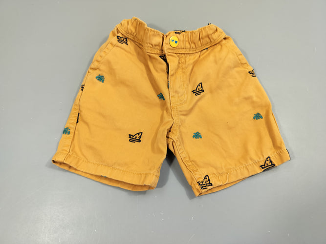 Short jaune orangé motifs requins et feuilles vertes 100% coton, moins cher chez Petit Kiwi