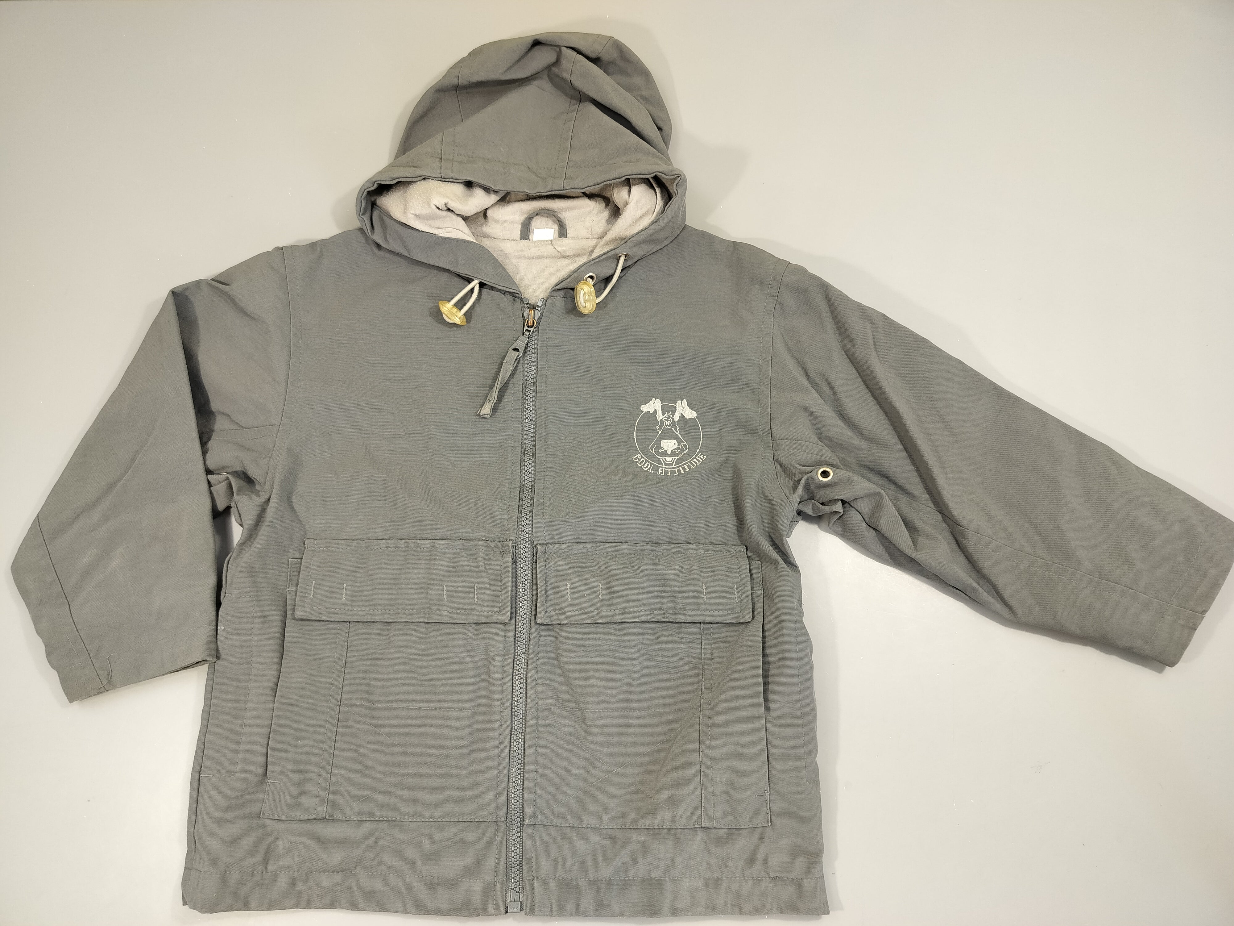 Veste grise zippée à capuche , tête de chien 