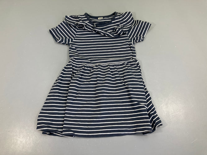 Robe m.c jersey bleu ligné blanc froufrou col Légèrement boulchée, moins cher chez Petit Kiwi