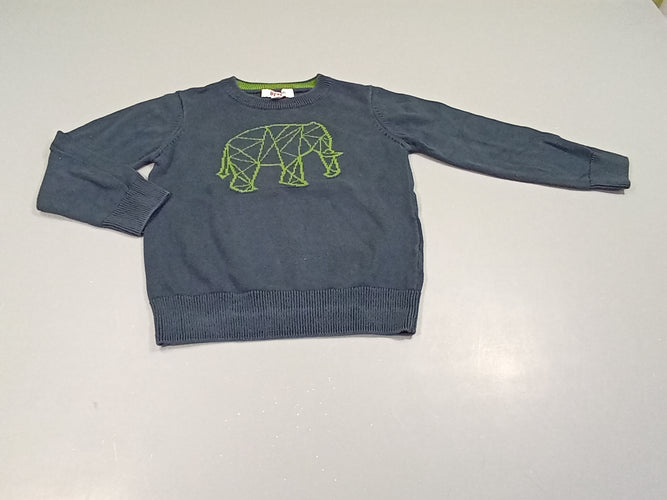 Pull bleu marine  éléphant vert, très légèrement bouloché, moins cher chez Petit Kiwi