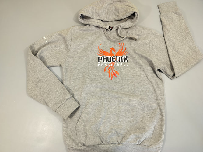 Sweat à capuche gris  flammé, Phoenix. Basket ball. Intérieur doux et chaud .Petite tache à la manche, moins cher chez Petit Kiwi