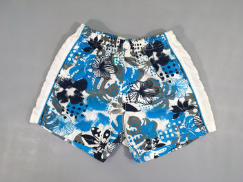 Maillot short blanc motifs fleuris bleus