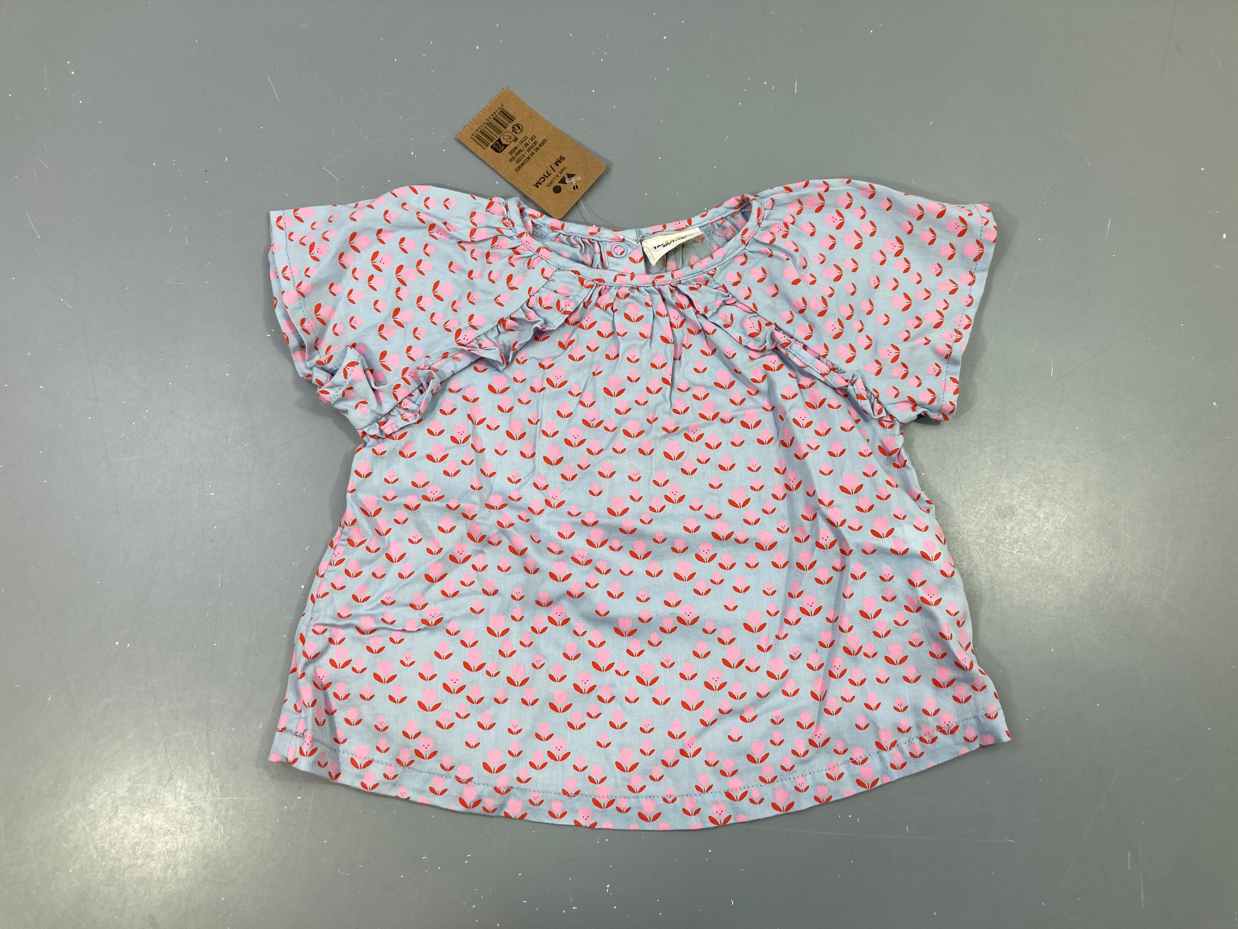 NEUF blouse m.c bleu/gris fleur roses