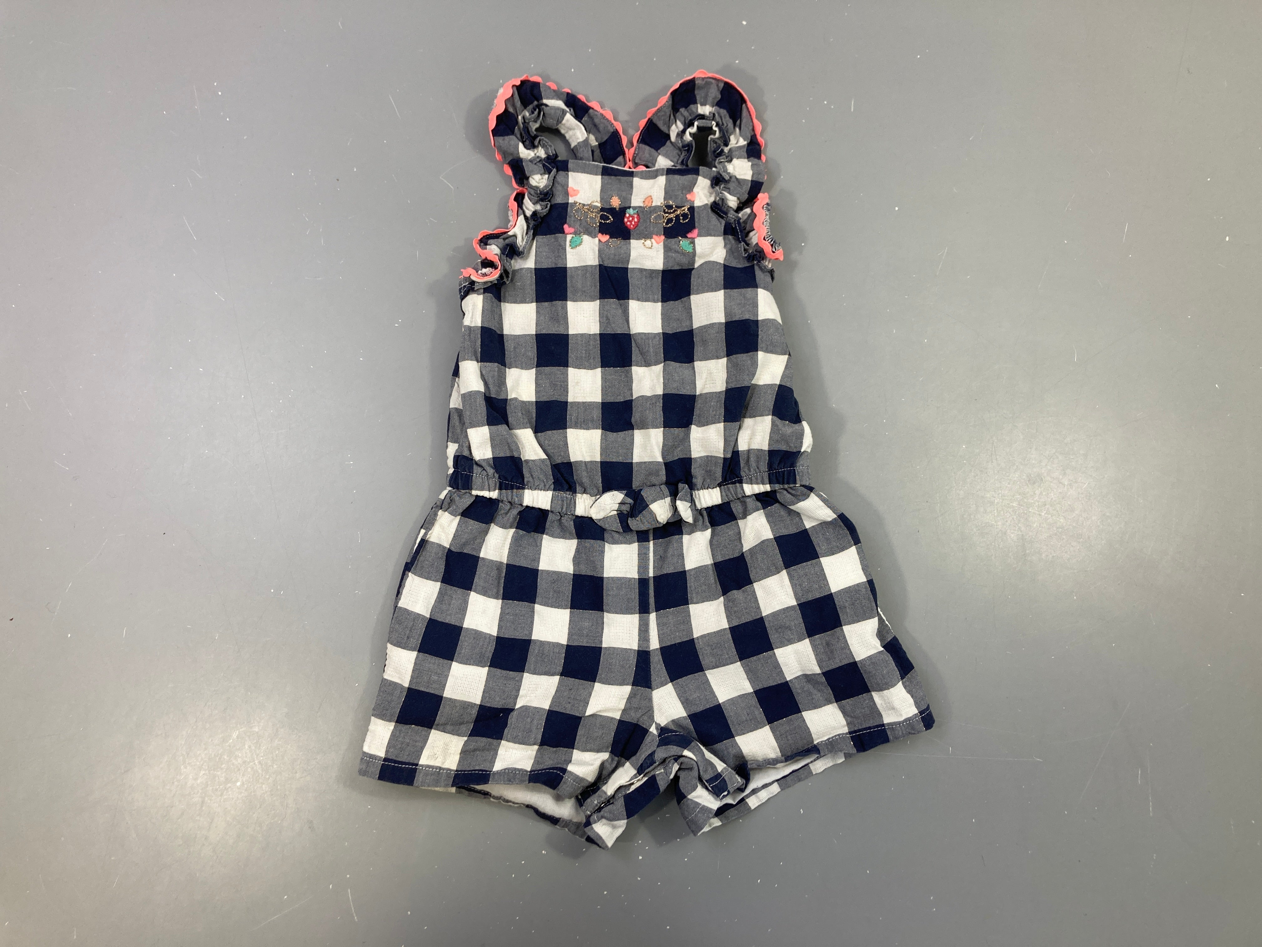 Combishort s.m carreau bleu/blanc broderies fraises