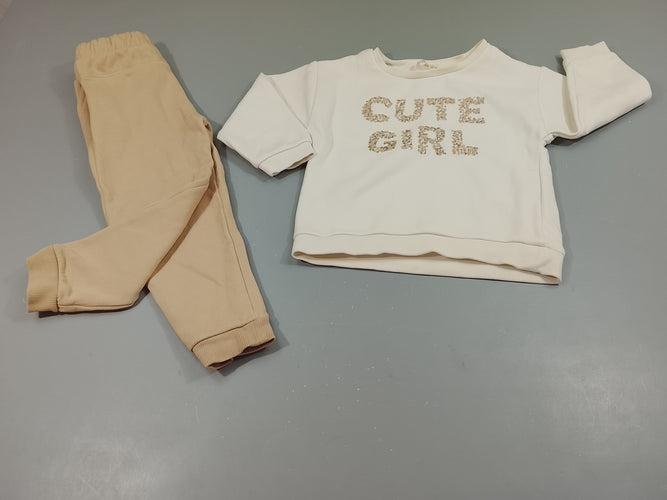 Ensemble sweat blanc "cute girl"+ Pantalon beige. Ensemble doux et chaud, moins cher chez Petit Kiwi