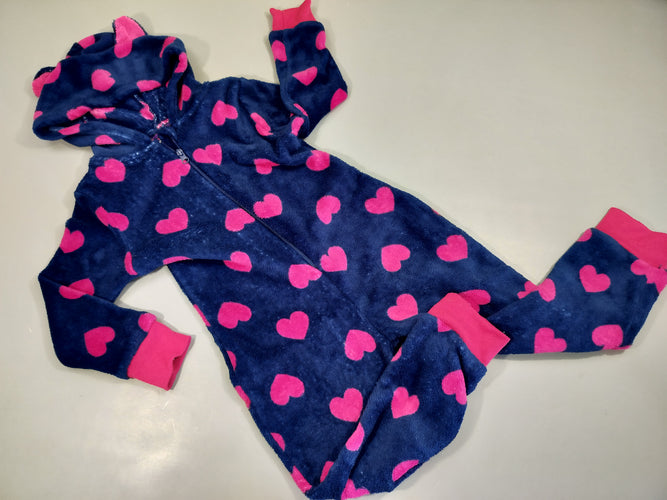 Surpyjama velours bleu marine, coeurs roses 100% polyester, moins cher chez Petit Kiwi