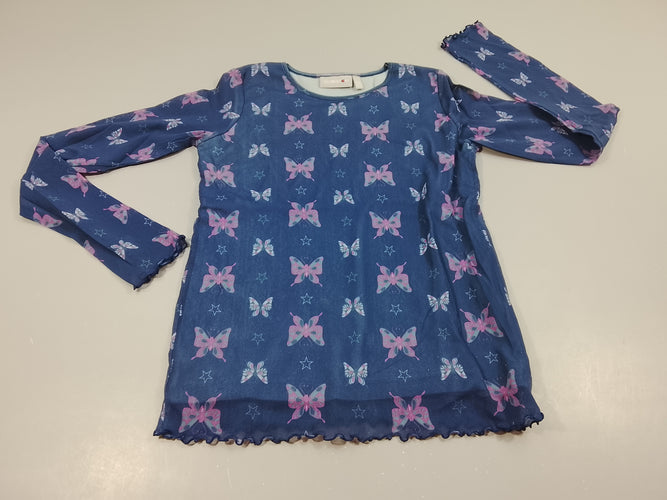 T-shirt m.l en voile bleu marine motifs papillon doublure jersey, manches transparantes, moins cher chez Petit Kiwi