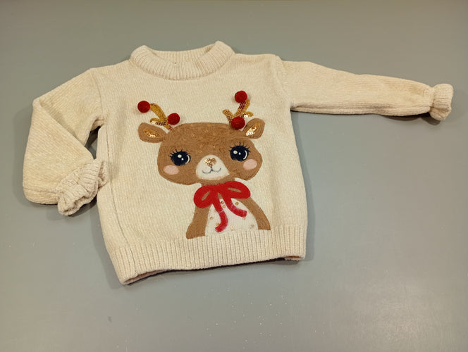Pull tout doux beige, renne de Noël, pompons rouges. Pas de taille indiqué, estimée  3-4a, moins cher chez Petit Kiwi
