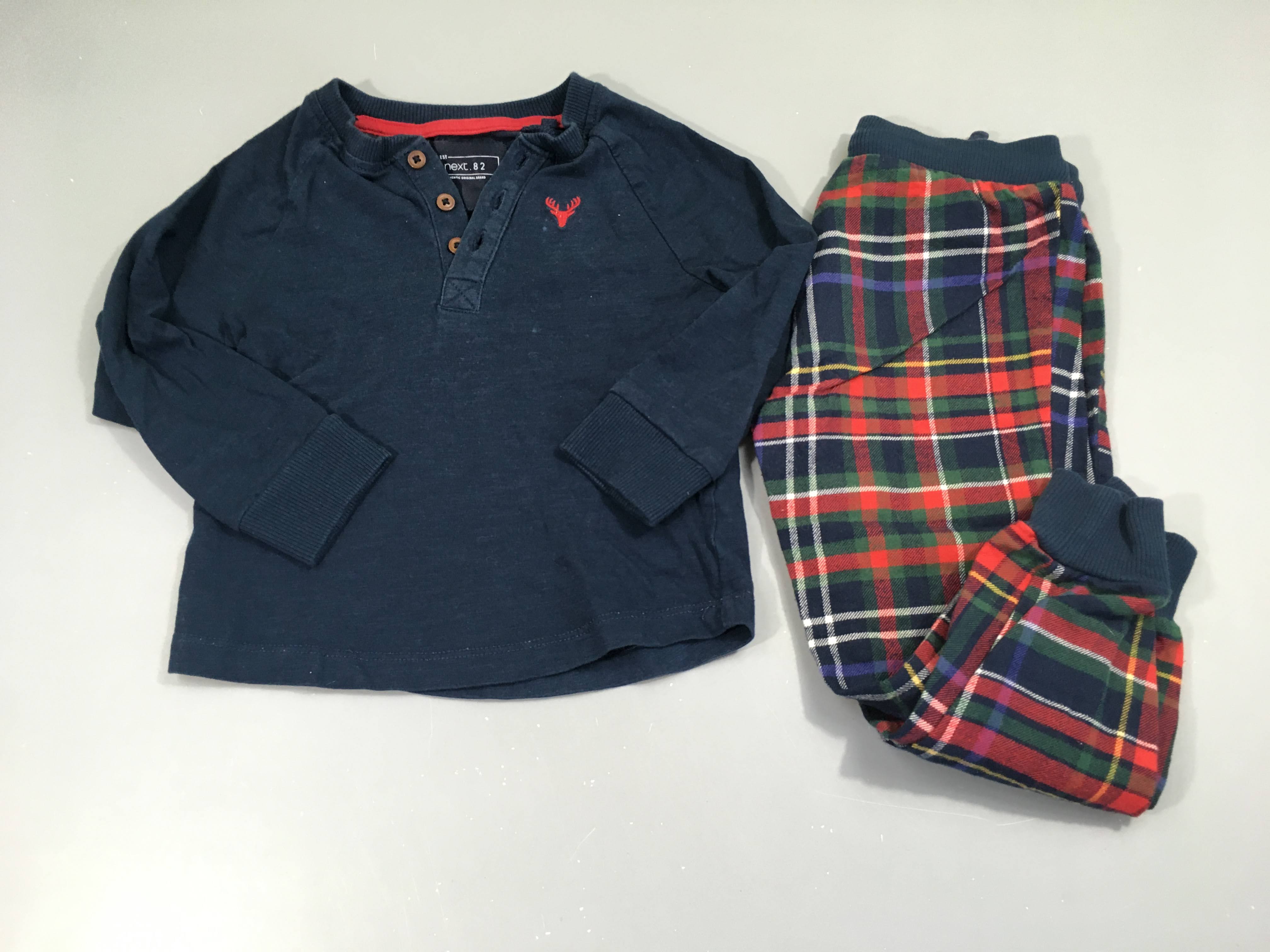 Pyjama 2 pcs bleu foncé, bas Pantalon flanelle carreaux, petites taches à l'avant
