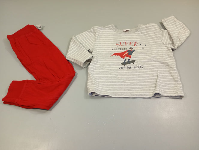 Pyjama 2pcs molleton  gris  flammé rayé blanc "super dormeur" Pantalon rouge, moins cher chez Petit Kiwi