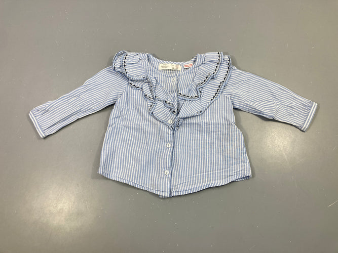 Blouse ml bleue lignée texturé blanc froufrou col, moins cher chez Petit Kiwi