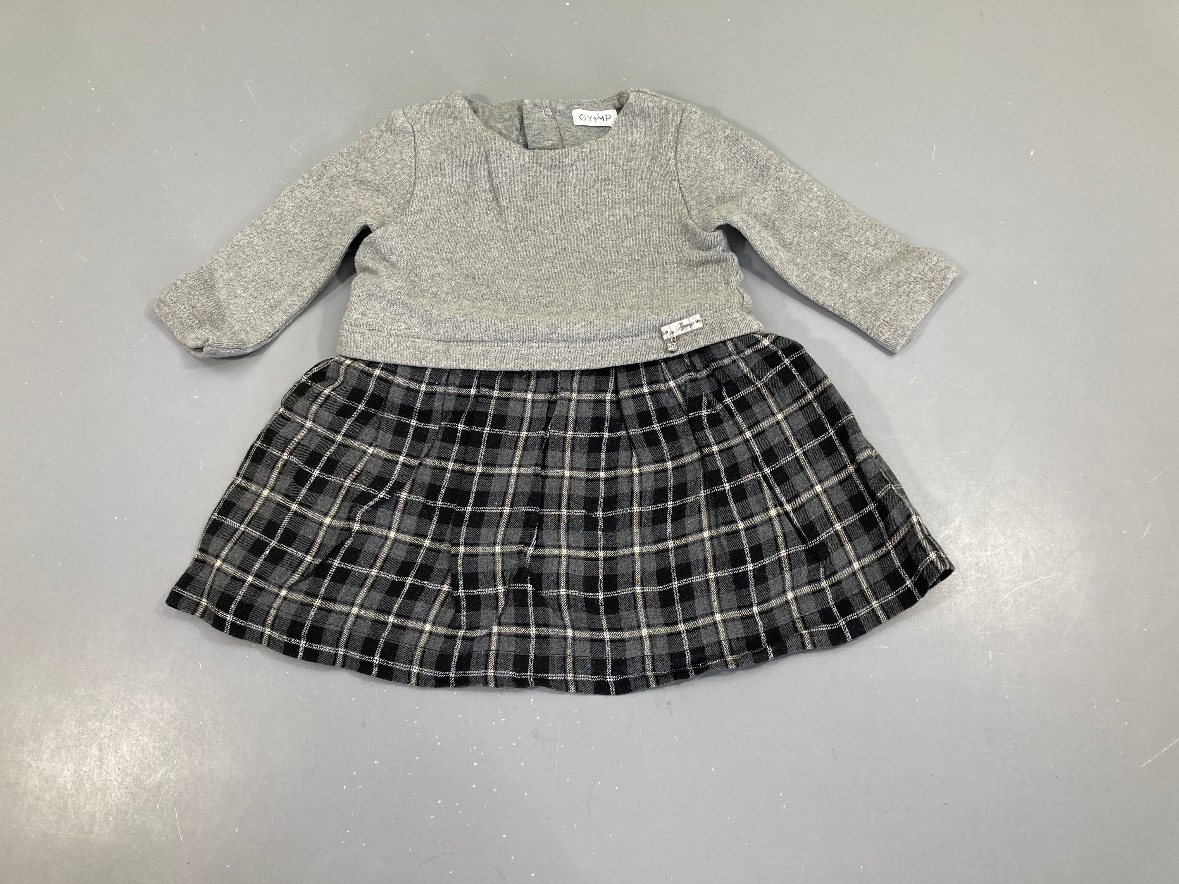 Robe m.l bi-matière haut gris pull/bas à carreaux style flanelle fil métalisé argenté