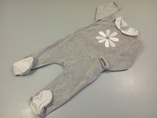 Pyjama velours gris flammé col blanc, fleur, moins cher chez Petit Kiwi