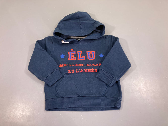 Sweat bleu foncé à capuche Elu meilleur garçon, légèrement bouloché, moins cher chez Petit Kiwi