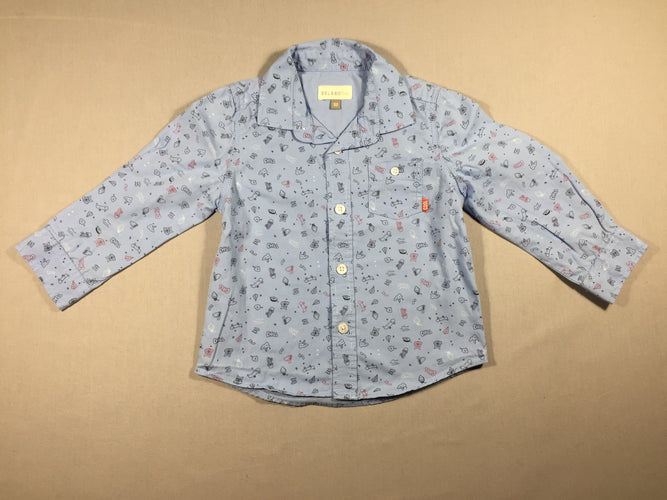 Chemise bleu clair motifs noirs et rouges, moins cher chez Petit Kiwi