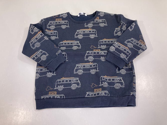 Sweat bleu foncé véhicules chiens, légèrement bouloché, moins cher chez Petit Kiwi