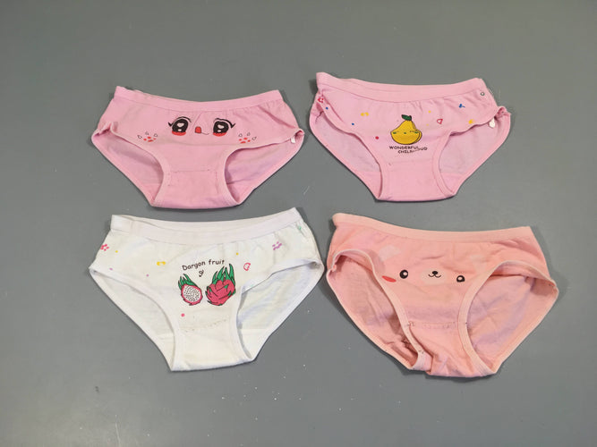 Lot de 4 culottes rose/blanc fruits/yeux animaux, boulochées, moins cher chez Petit Kiwi