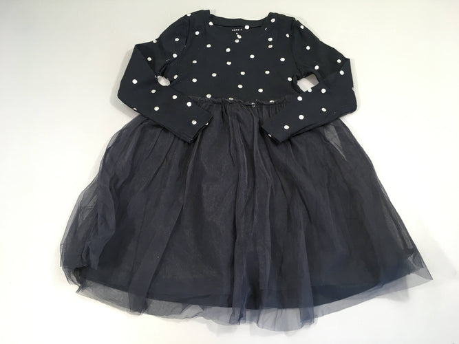 Robe m.l jersey côtelé bleu foncé pois bas tulle, moins cher chez Petit Kiwi