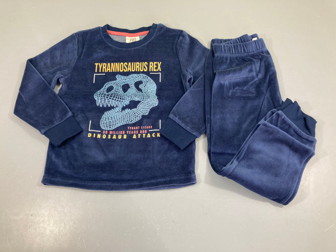 Pyjama 2pcs velours bleu foncé Tyrannosaurus rex, moins cher chez Petit Kiwi