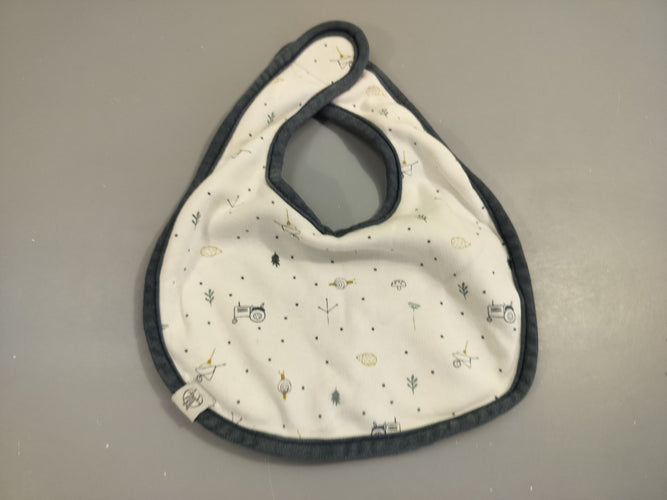 Bavoir blanc et bleu marine, motifs tracteurs, brouettes,..., moins cher chez Petit Kiwi