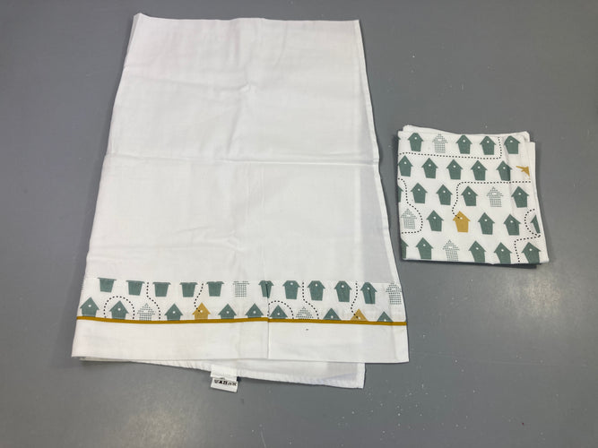 Drap de lit blanc motifs bords flèches 70-100cm + Taie d'oreiller 35-35cm, moins cher chez Petit Kiwi