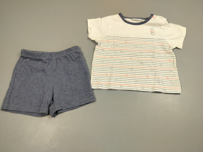 Pyjama short 2pcs jersey blanc rayé bleu et orange , têtes d'ours et étoiles,  dessous Short bleu chiné, moins cher chez Petit Kiwi