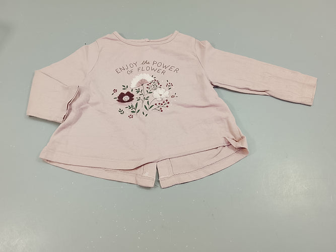 T-shirt m.l  mauve rosé , fleurs "Enjoy the power of flower", fermeture par pressions à l'arrière, moins cher chez Petit Kiwi