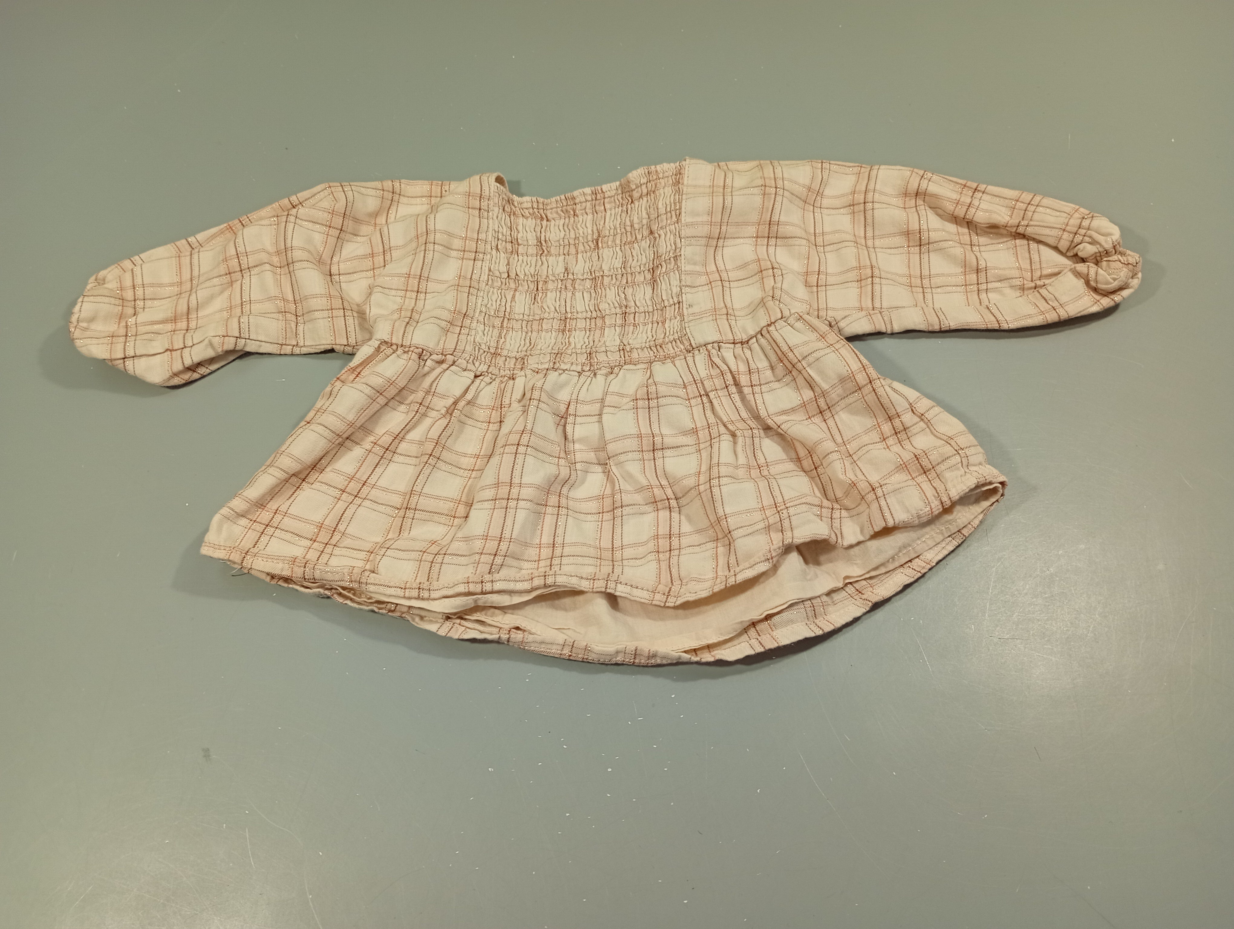 Blouse m.l blanche  à carreaux rose, brun, fils dorés