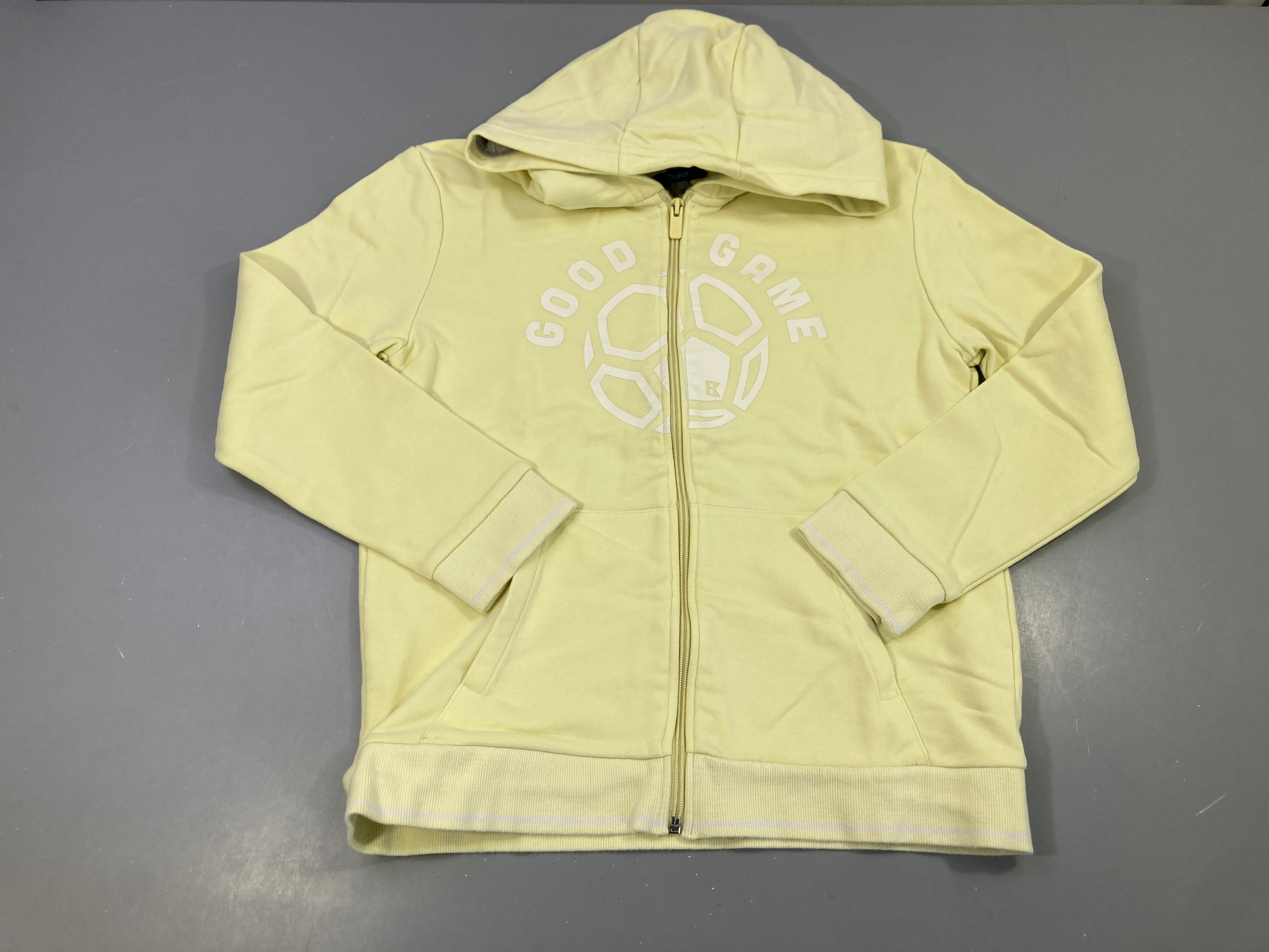 Sweat zippé jaune à capuche good game, petite tache à l'avant