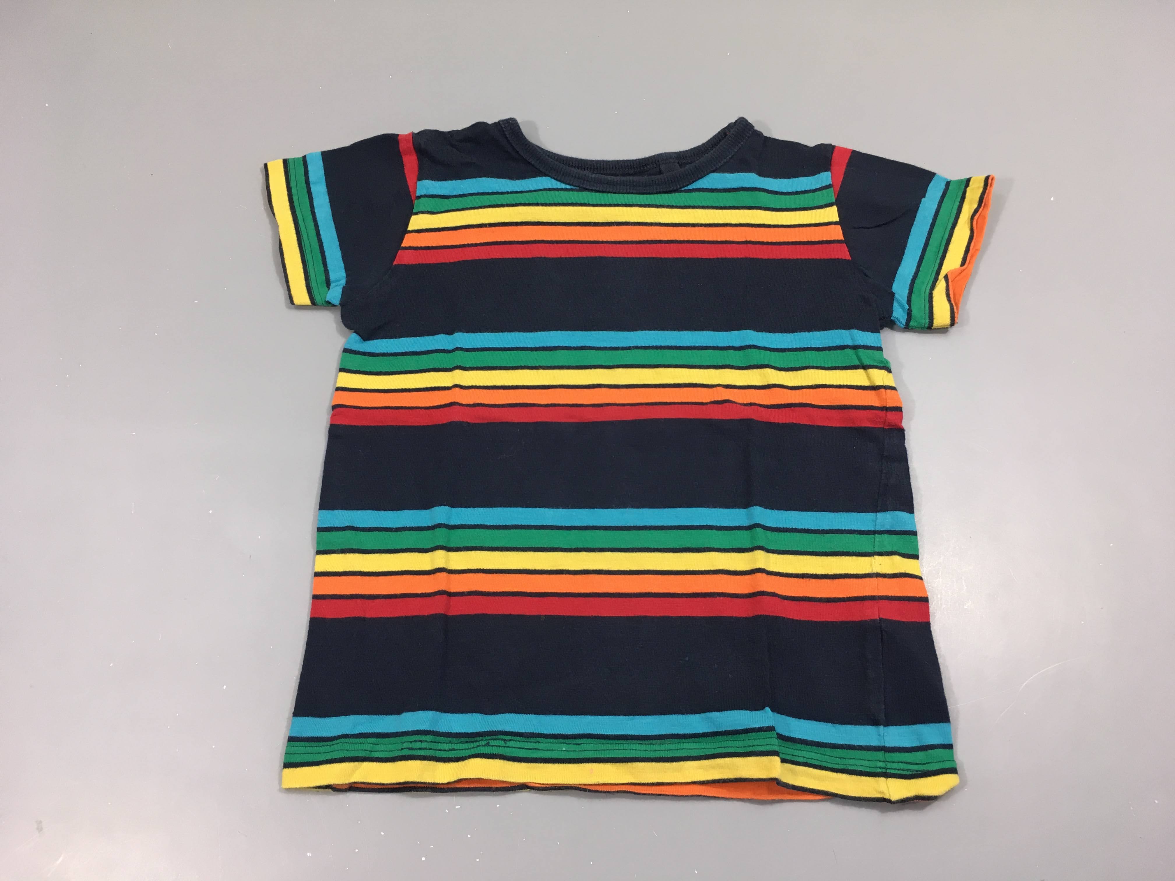 T-shirt m.c bleu foncé rayé multicolore, légèrement bouloché