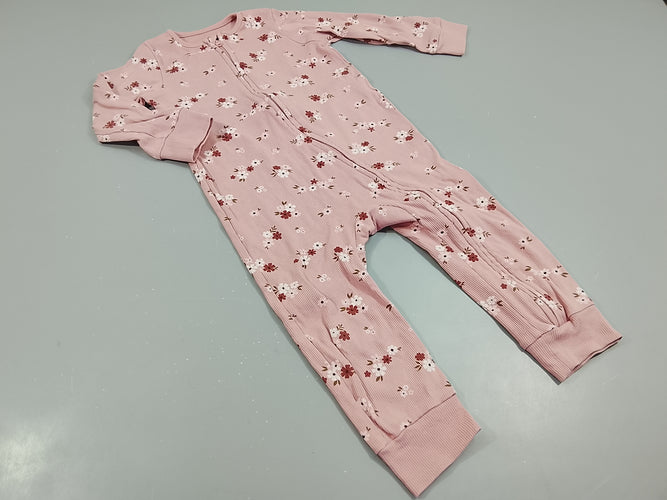 Pyjama jersey zippé rose texturé, motifs floral, moins cher chez Petit Kiwi