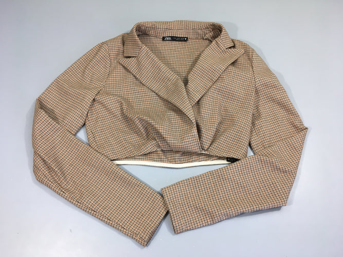 Blouse Blaser court style pied de poule beige-brun Petite tache arrière manche D, moins cher chez Petit Kiwi