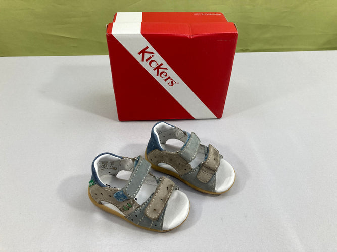 Sandales gris-bleu Kickers-petites traces foncées sur scratch supérieur, moins cher chez Petit Kiwi