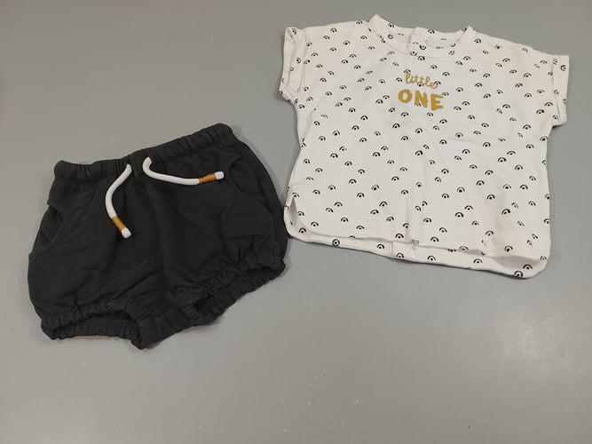 Ensemble T-shirt m.c blanc motifs bleu marine "little one" + Short bleu marine, moins cher chez Petit Kiwi