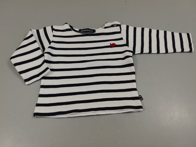 Sweat  blanc rayé bleu marine, poisson rouge, moins cher chez Petit Kiwi