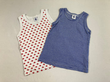 2 chemisettes s.m blanc rayé bleu foncé/blanc voiliers rouges