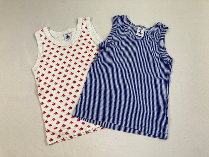 2 chemisettes s.m blanc rayé bleu foncé/blanc voiliers rouges, moins cher chez Petit Kiwi