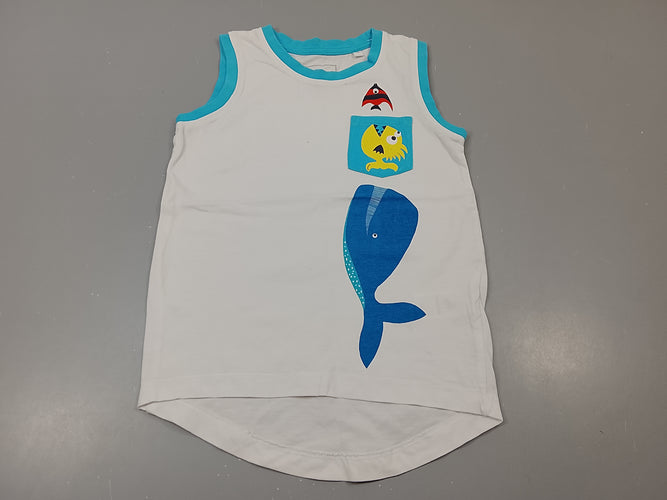 Débardeur blanc, bords bleus, baleine et poissons, moins cher chez Petit Kiwi