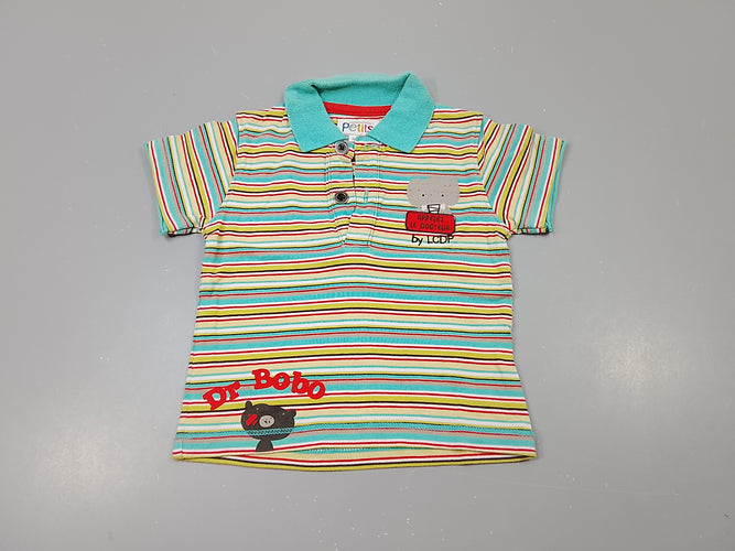 Polo m.c en jersey rayé multicolore, col bleu, tête d'éléphant "Appelez le docteur", moins cher chez Petit Kiwi