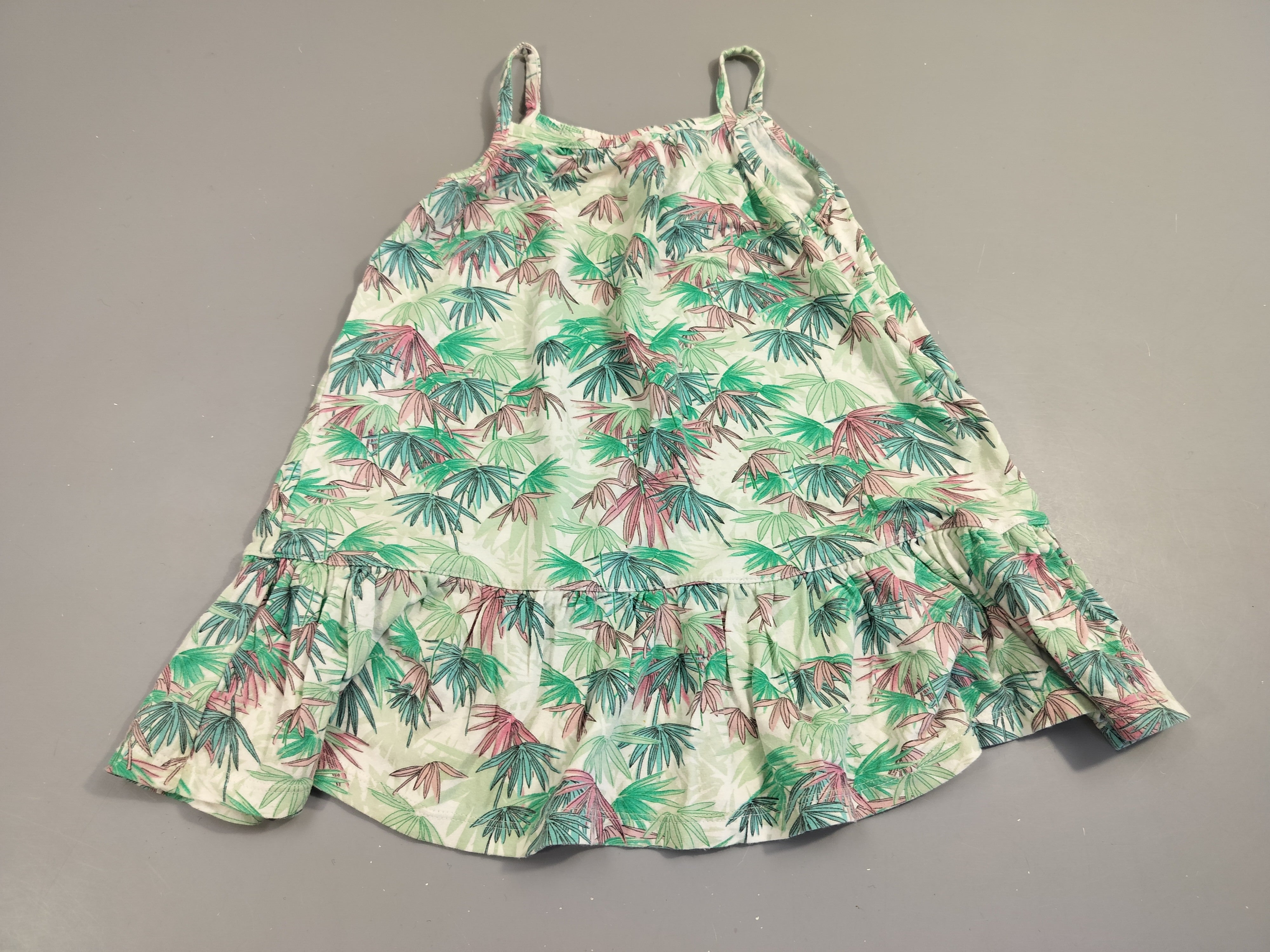 Robe à bretelles blanc palmiers rose, verts, bleus.