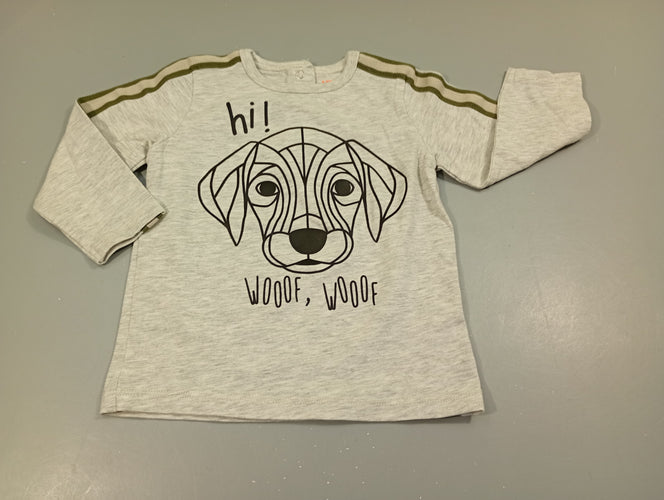 T-shirt m.l gris  clair flammé , tête de chien "hi! woof, woof", moins cher chez Petit Kiwi