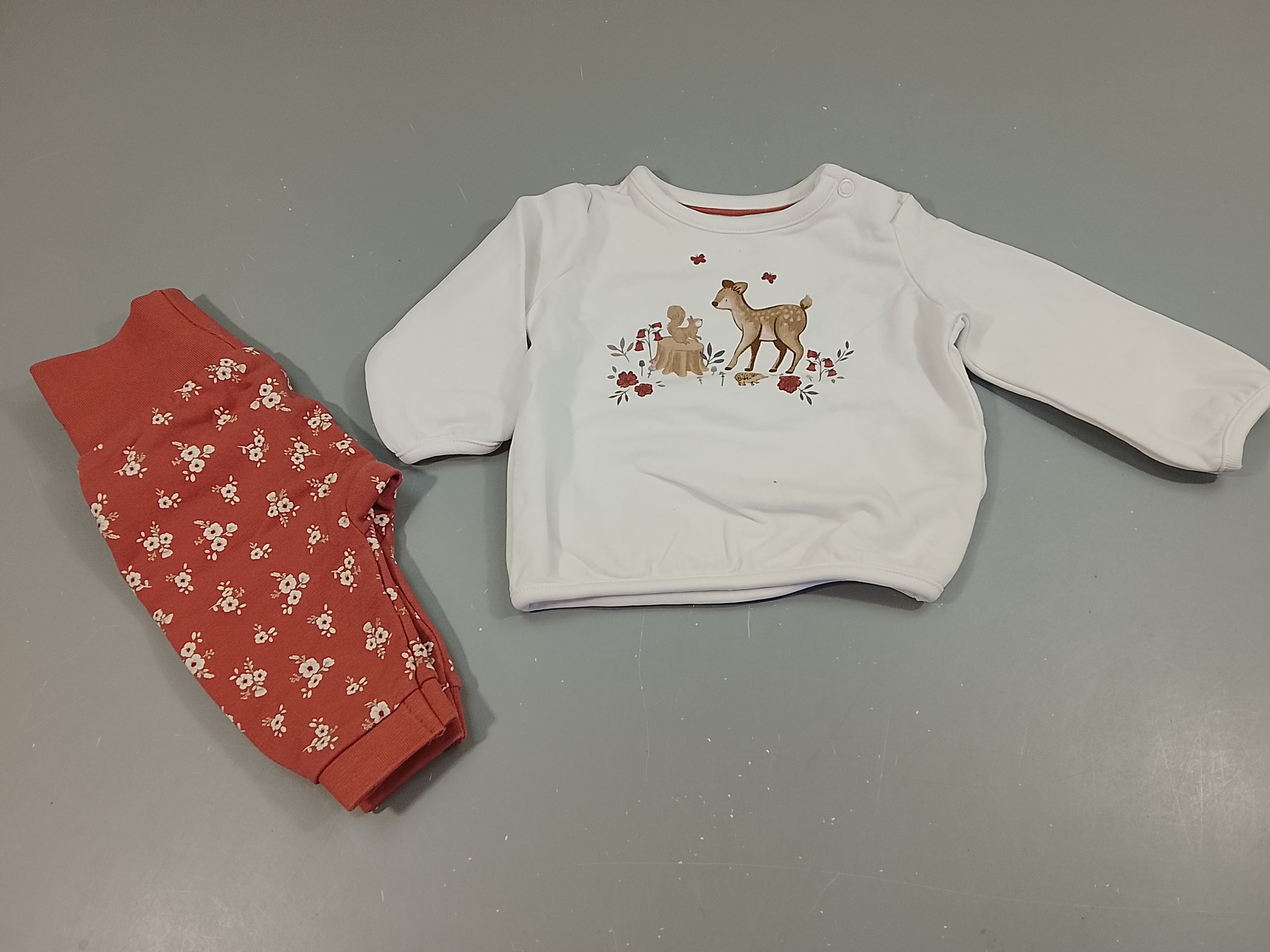 Ensemble sweat blanc écureuil, faon, hérisson+ Pantalon rose à fleurs
