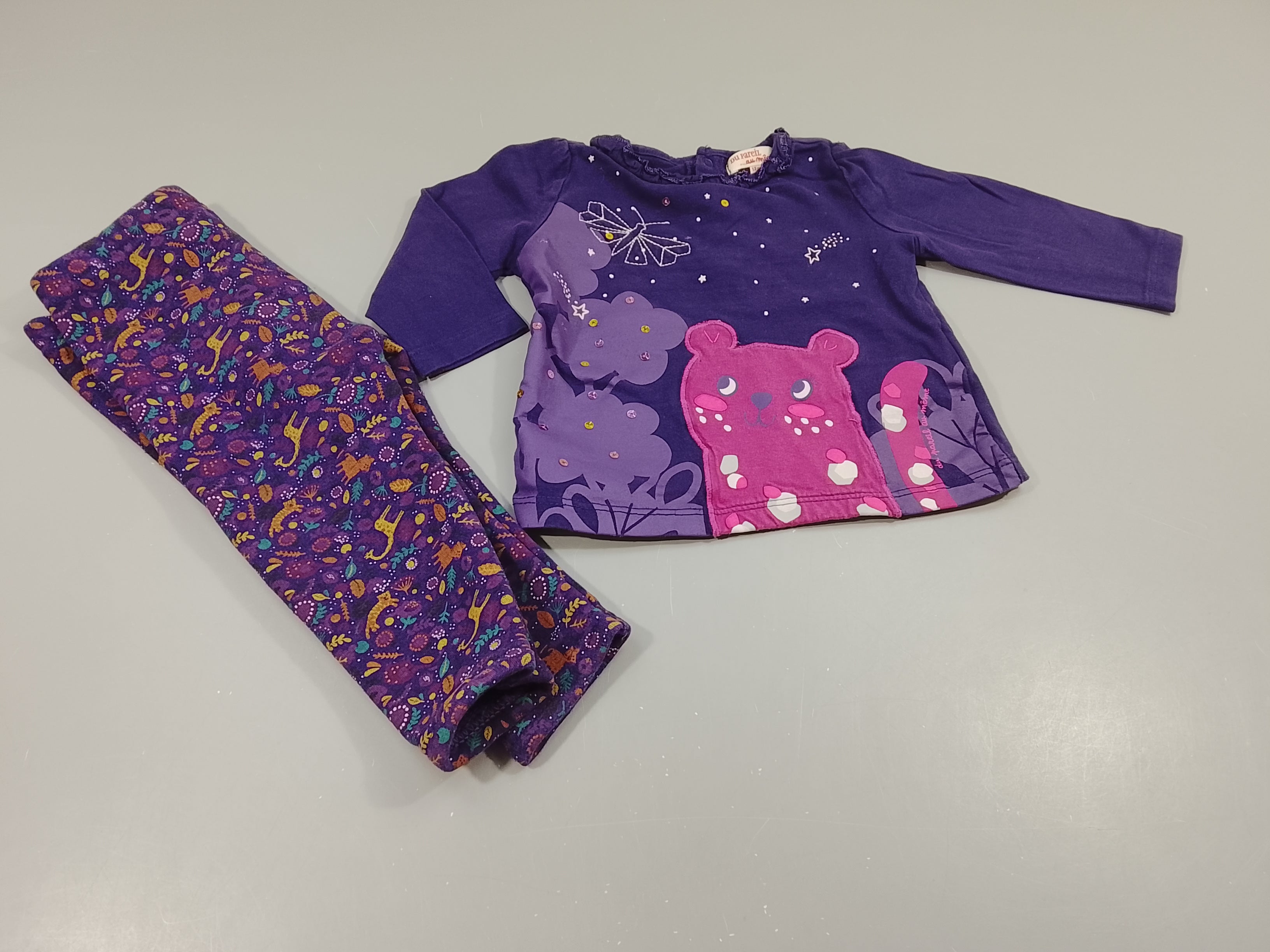 Ensemble T-shirt m.l mauve  chat rose + Pantalon mauve à motifs