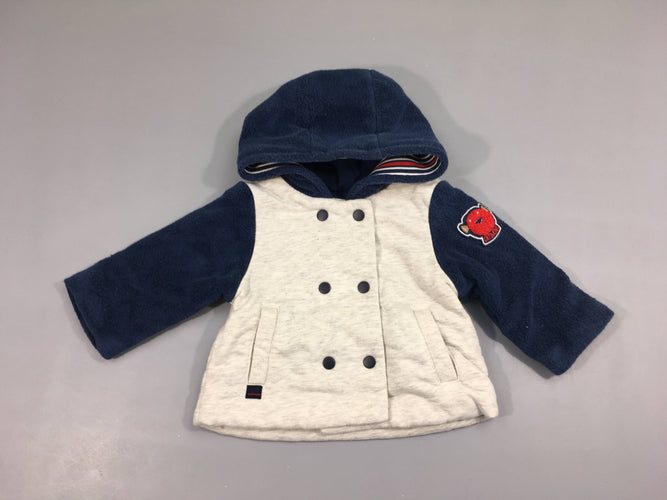 Gilet-veste molleton/éponge gris chiné/bleu poisson à capuche, moins cher chez Petit Kiwi